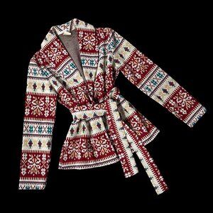 Vintage Cardigan Jacket 1970s Jane Colby USA Aztec Belted Maroon Teal Medium